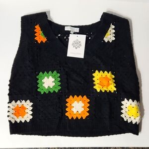 Rebellion Again Black Granny Square Crochet Knit Floral Boho Tank Top M NEW